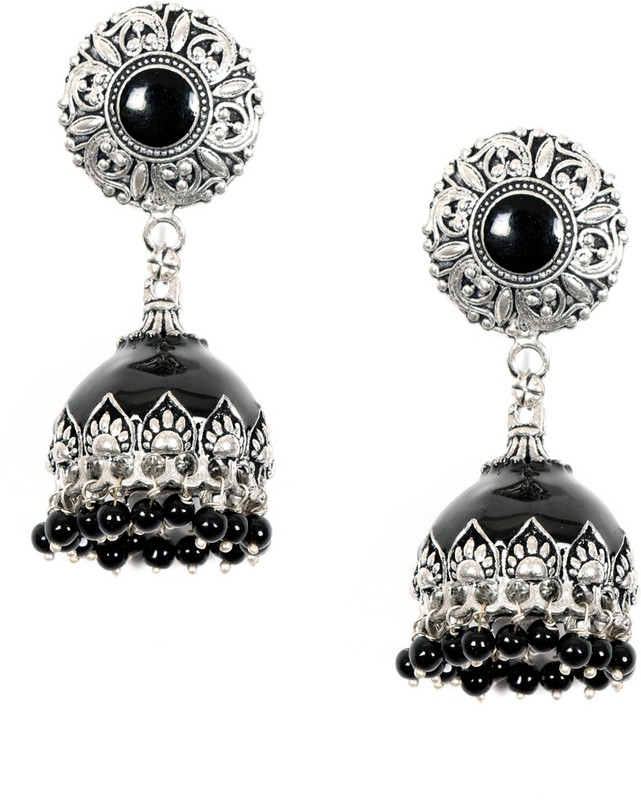Ayesha Fashion Black and Silver Oxidised Silver Plated Jhumki Earring...