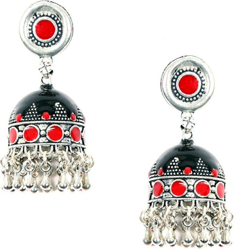 Ayesha Fashion Black and Red Oxidised Silver Plated Jhumki Earring...
