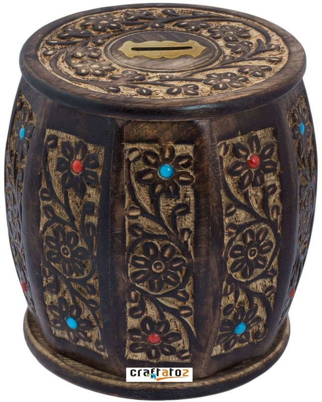 craftgasmic Crafts A to Z Antique Crafts A to Z Wooden Money Bank Barrel Shape Coin Bank | Piggy Bank for Kids & Adults with Lock | Money Saving Box Decorative Return Gifts For All ( Brown )3.5x3.5x5 LxBxH Inches Coin Bank(Brown)