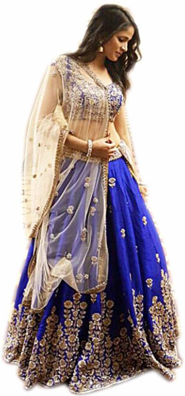 shiv fashion Embroidered, Embellished Semi Stitched Lehenga, Choli and Dupatta Set(Gold, Blue)