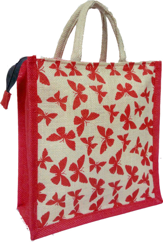 styles creation Butterfly Printed Jute Lunch Bag Waterproof Lunch Bag(Red, White, 11 inch)