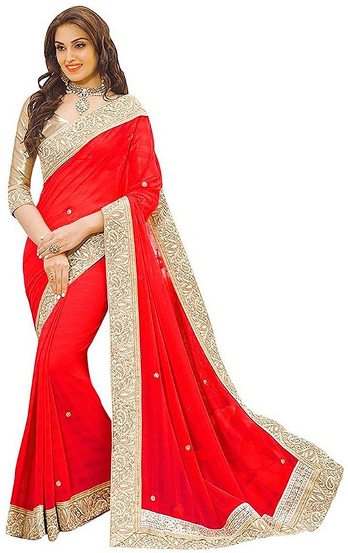 unique enterprise Embroidered, Embellished Bollywood Poly Georgette Saree(Red)
