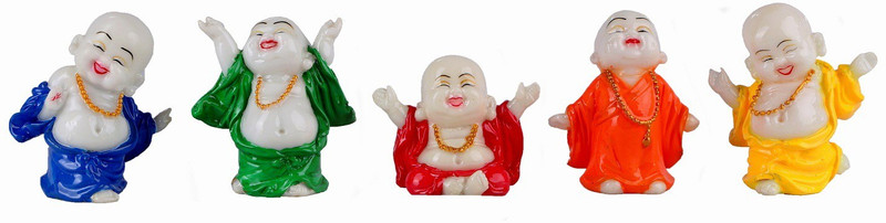 kavya home decor marble base multicolor polyresin laughing buddha fengshui statue showpiece(set of 5)For Home Decor| Office Decor| Valentines Day Gifts | Diwali Decor| Vaastu Decor Decorative Showpiece  -  11 cm(Polyresin, Multicolor)