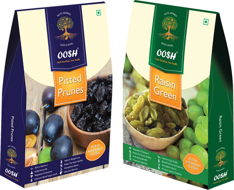 Oosh California Pitted Prunes 250g & Premium Afgani Green Raisin 250g | Premium Dry Fruits Prunes, Raisins(2 x 250 g)