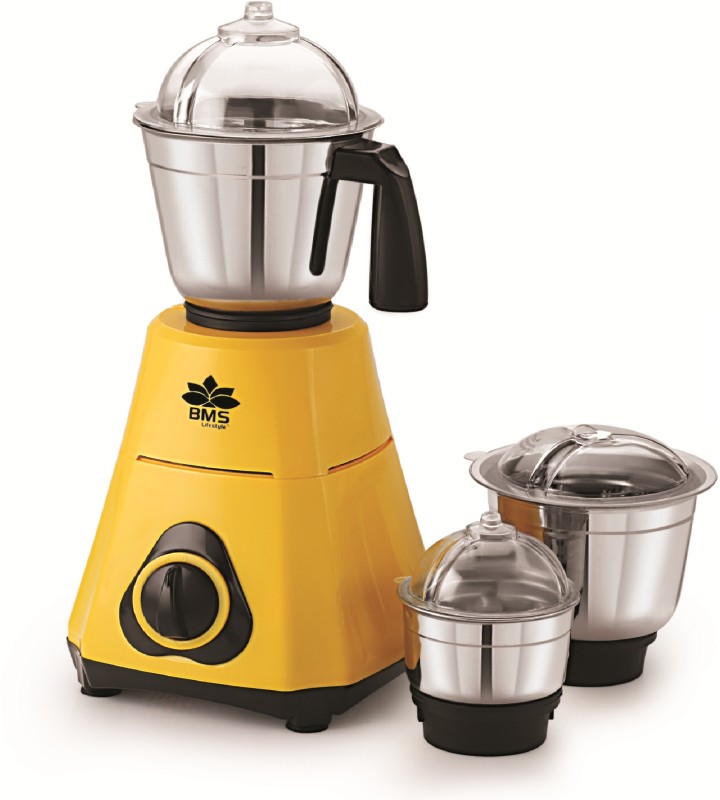 BMS Lifestyle 3 Stainless Steel Jars 550 W Mixer Grinder(Yellow, 3 Jars)