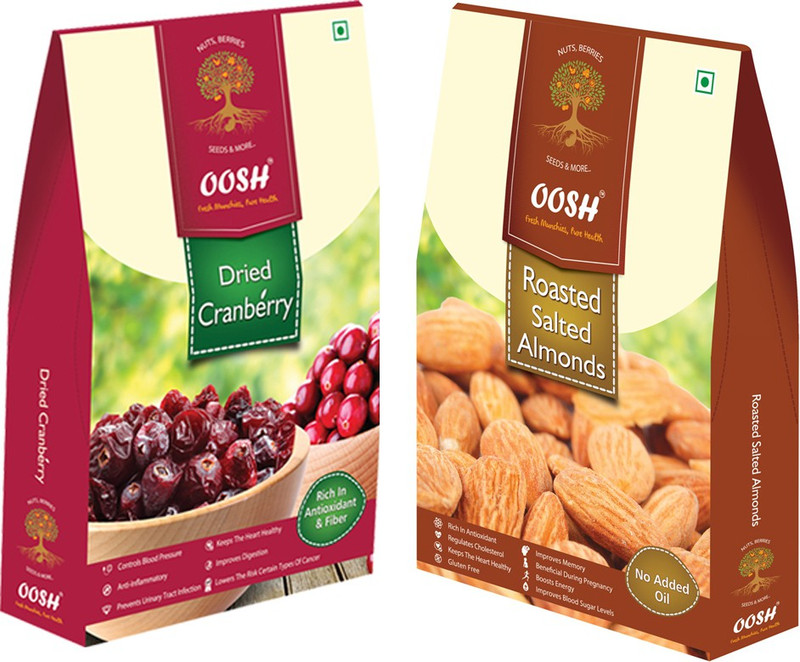 Oosh Premium Whole Dried Cranberries 250g & Roasted Salted Almond Kernels 250g | Premium Dry Fruit Combo Almonds, Cranberries(2 x 250 g)