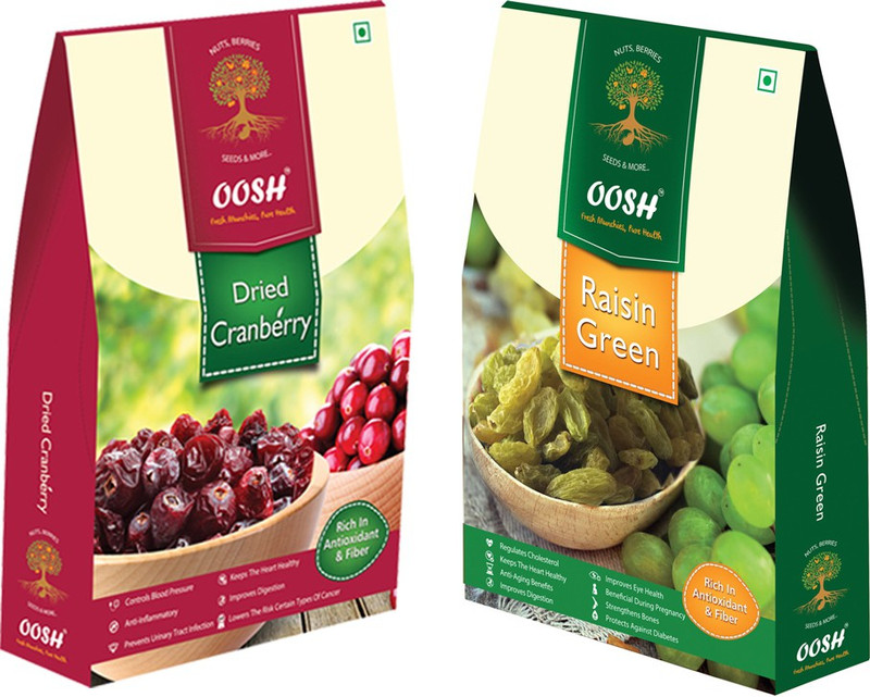 Oosh Premium Whole Dried Cranberries 250g & Green Raisin 250g | Premium Dry Fruit Combo Cranberries, Raisins(2 x 250 g)