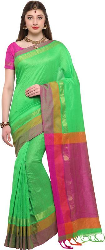 Swaron Woven, Solid Bhagalpuri Poly Silk Saree(Green, Pink) Swaron Woven, Solid Bhagalpuri Poly Silk Saree(Green, Pink)