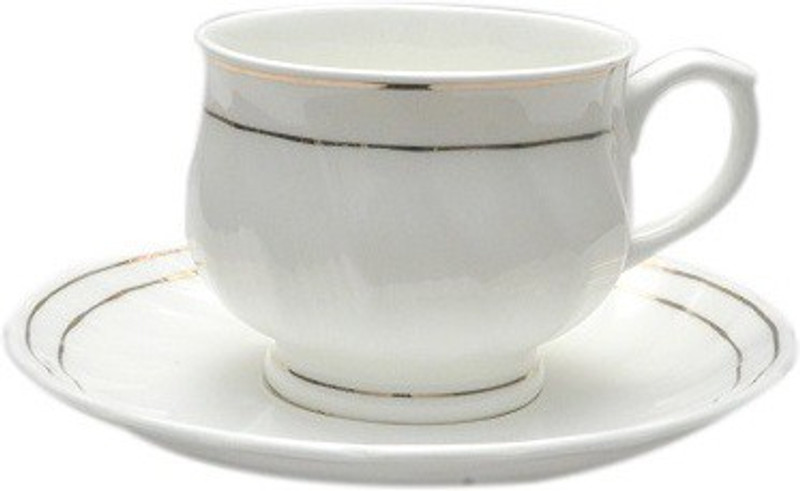 amazecart Bone China Tea & Coffee Cups & Saucer Gold Line Set of 12 Pieces(6 Cups & 6 Saucers) Bone China(White, Pack of 12)