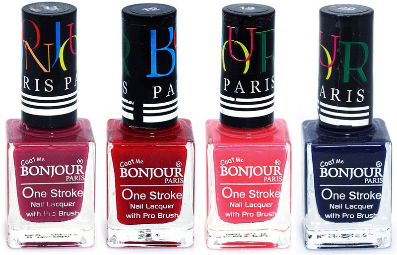 Bonjour Paris Ultra-long-wear formula High Shine Nail Polish 184 Mauve, Red, Blue, Light Pink(Pack of 4)