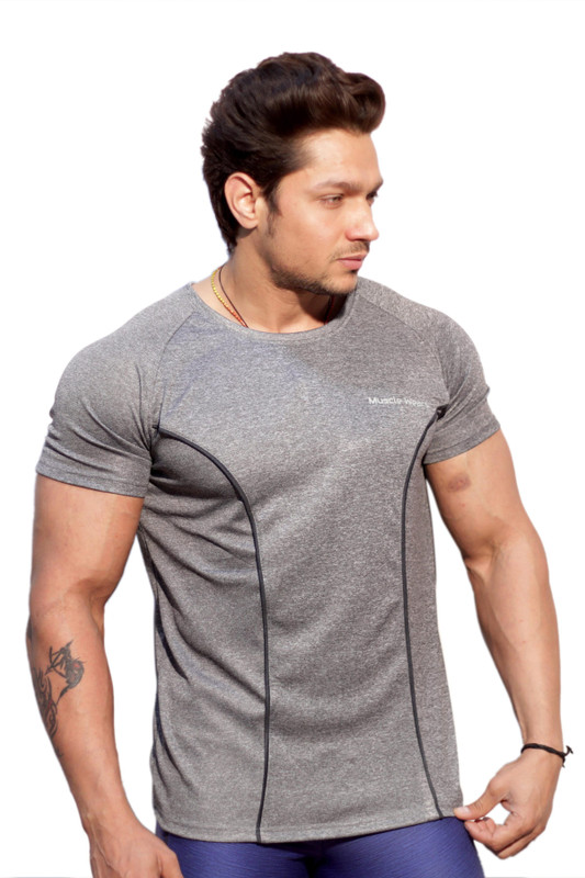 muscle wears Solid Men Round Neck Grey T-Shirt