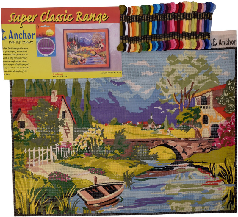 madura coats ltd Anchor Printed Canvas for Embroidery Big Size 60 x 80 cm with 85 Anchor threads & needle set with design & color scheme printed on it, Scenery Design