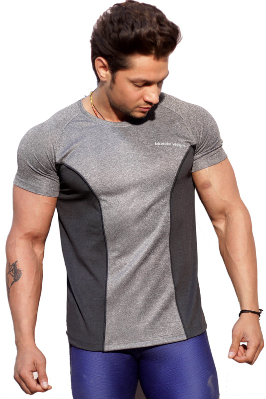 muscle wears Solid Men Round Neck Grey T-Shirt