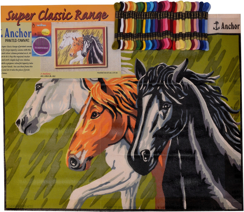 madura coats ltd Anchor Printed Canvas for Embroidery Big Size 60 x 80 cm with 70 Anchor threads & needle set with design & color scheme printed on it, 3 stallions design