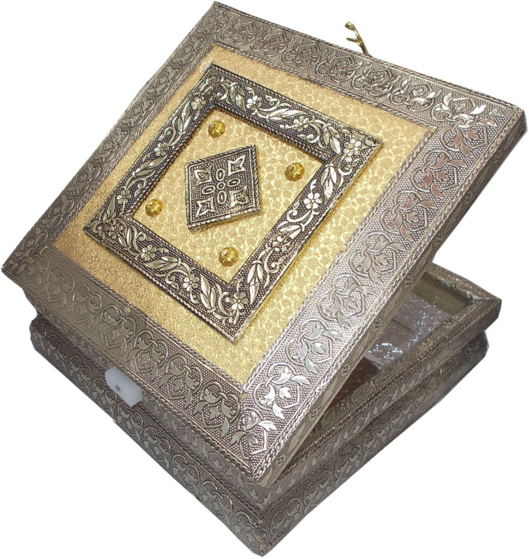 kotak sales Kotak Sales Handicraft Wooden Dry Fruit Box Square Meenakari Design Oxidized Metal Cover Gift Box (20 X 20 X 7cm)  - 0 ml Wood Grocery Container(Multicolor)