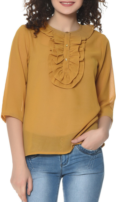 HRIKSHIKA FASHION Casual Full Sleeve Solid Women Gold Top
