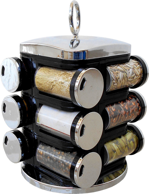 wcse 12-Jar Revolving Siver Black Spice Rack Masala Box 8 Piece Condiment Set(Plastic)