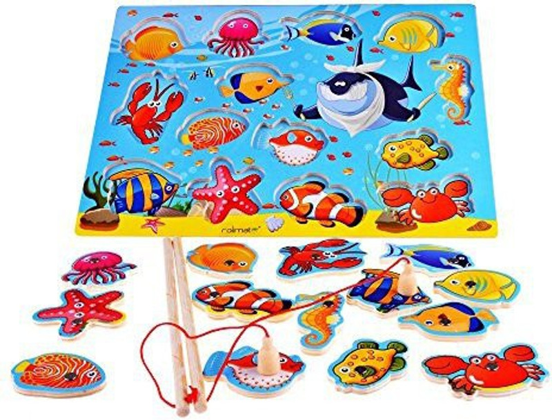 rolimate 14-Piece Fishes Basic Educational Development Wooden Magnetic Bath Fishing Travel Table Game, Birthday Gift Toy For Age 3 4 5 Ye(Multicolor)
