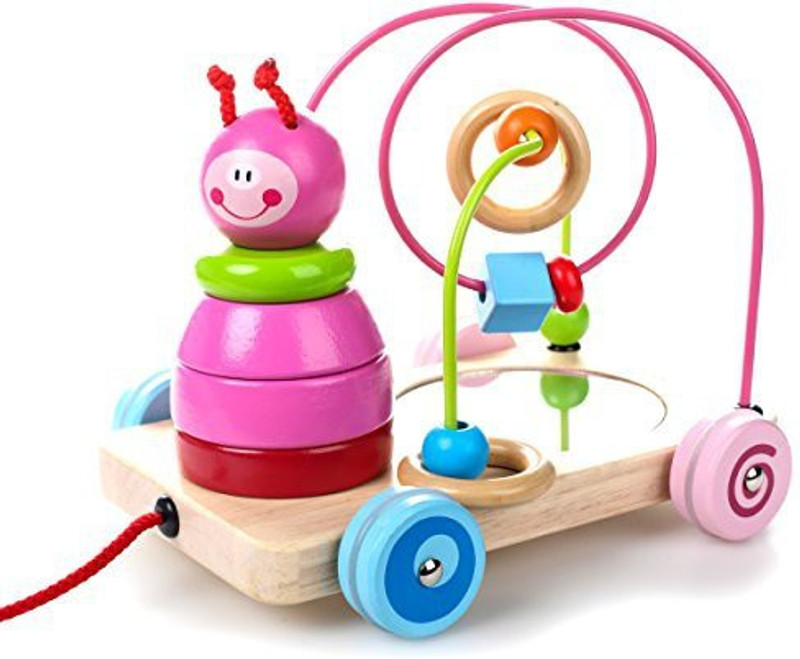 rolimate 4 In 1 Wooden Educational Toy, First Beads Maze + Pull & Push Toy Cars+ Sorting & Stacking Baby Toys + Mirror, Best Birthday Gif(Multicolor)