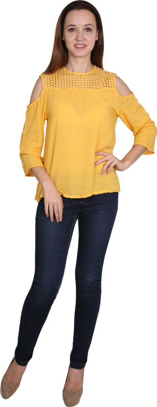 hrikshika fashion Casual 3/4 Sleeve Solid Women Yellow Top