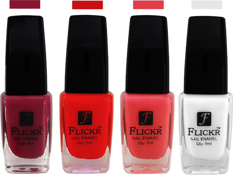 Flickr EXTRA SHINE and SPEED DRY Nail Polish Purple,Red,Baby Pink,White(Pack of 4)