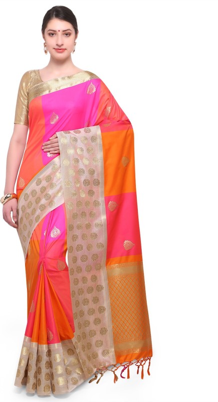 Varkala Silk Sarees Self Design, Woven Kanjivaram Poly Silk Saree(Pink, Orange)