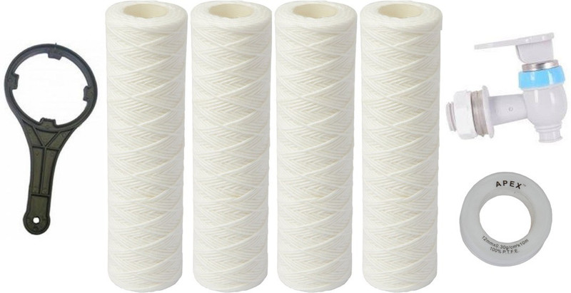 xisom 4 Piece Wound thread 10" X 2.5" inches Filter Wound 5 Micron With Water Tap Key Teflon Tap Used to open a Easily Prefilter Housing Solid Filter Cartridge(0.5, Pack of 7)