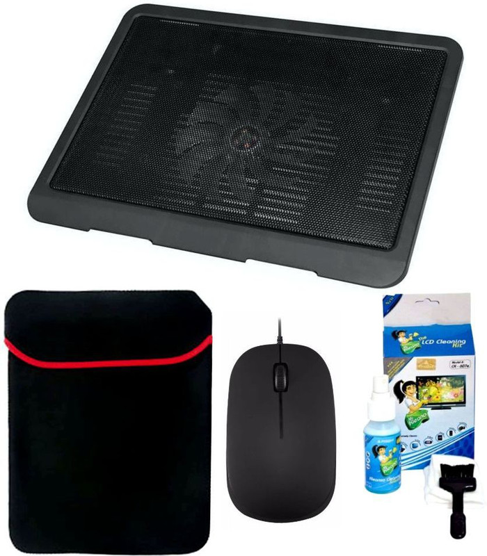 Anweshas 4 in 1 Combo of Laptop Cooling Pad Fan with 15.6 inches Laptop Sleeve, Ultra Slim Usb Optical Mouse and Gel Cleaning Kit Combo Set