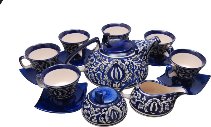 indeasia srijan Indeasia Srijan Handcrafted & Hand Painted Microwave friendly Lead Free Stoneware Blue Mughal Design Tea Set - Set of 15 Pieces Ceramic(Blue, Pack of 15)