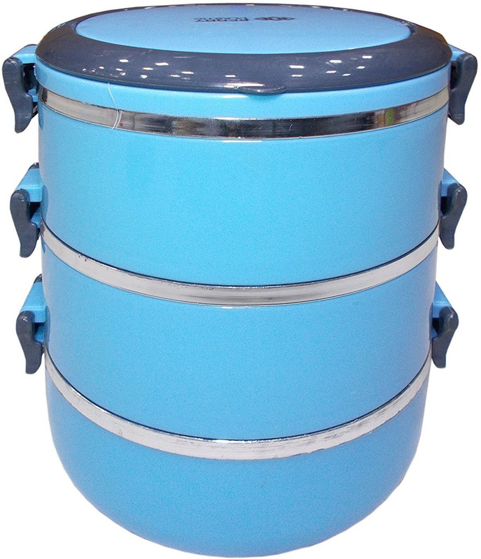kotak sales Hot Klip Three Thermal Insulated Round Stainless Steel Lunch Box Tiffin Warm Fresh Food Container & Plate with Folding Handle For School, Office, Picnic, Travel (Blue) 3 Containers Lunch Box(0 ml)