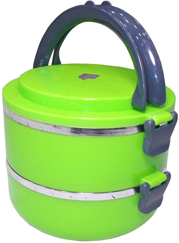 kotak sales Hot Klip Double Thermal Insulated Round Stainless Steel Lunch Box Tiffin Warm Fresh Food Container & Plate with Folding Handle For School, Office, Picnic, Travel (Green) 2 Containers Lunch Box(0 ml)