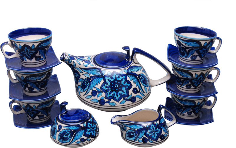 indeasia srijan Handcrafted & Hand Painted Microwave friendly Lead Free Stoneware Blue Moroccan Design Tea Set - Set of 15 Pieces Stoneware(Blue, Pack of 15)
