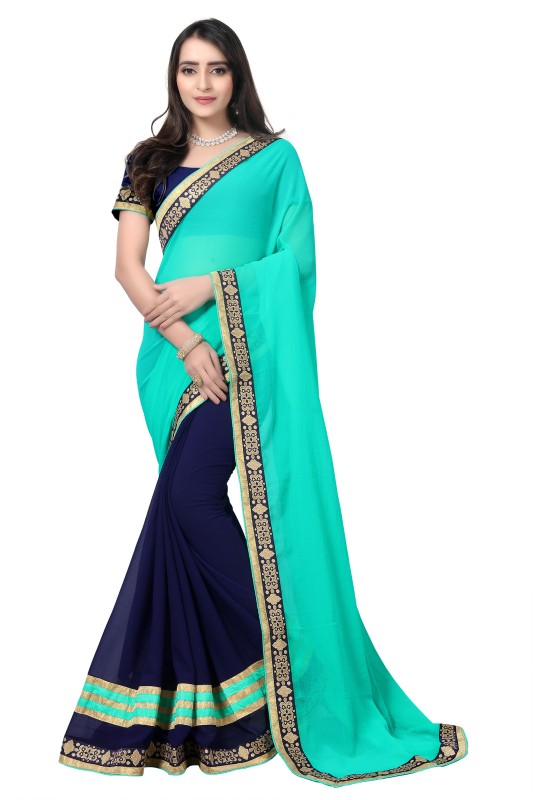 Aai shree khodiyar Solid Bollywood Poly Georgette Saree(Multicolor, Dark Blue)