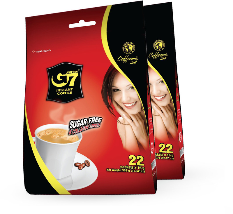 G7 3-in-1 Sugar Free Instant Coffee with Collagen , Vietnamese Premium Gourmet Coffee Premix, Bag 22 Sachets ,100% Pure Soluble Coffee, Non-dairy Creamer, Milk Protein, Salt, Collagen & Sweet Taste Instant Coffee(2 x 176 g)