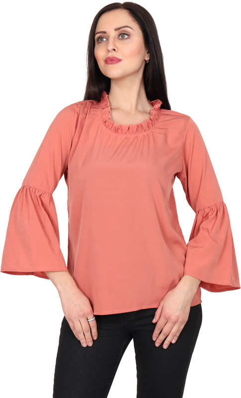 two lucky Casual 3/4 Sleeve Solid Women Brown Top