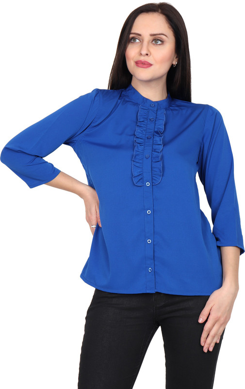 two lucky Casual 3/4 Sleeve Solid Women Blue Top