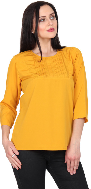 two lucky Casual 3/4 Sleeve Solid Women Yellow Top