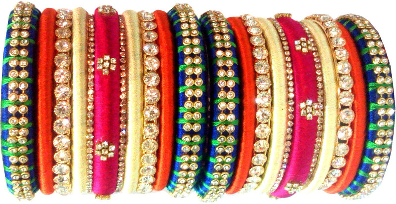 blue jays hub Stone, Silk Dori, Metal Beads, Moonstone Gold-plated Bangle Set(Pack of 22)