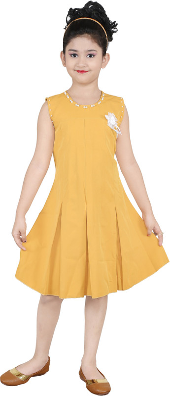 nukids Girls Midi/Knee Length Party Dress(Yellow, Sleeveless)