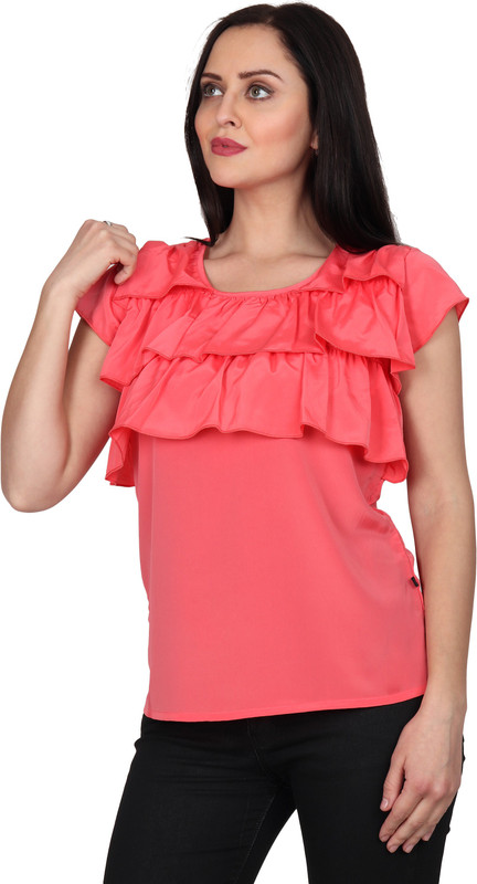 two lucky Casual Cap Sleeve Solid Women Pink Top