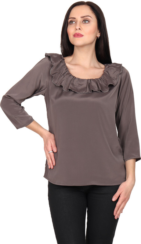 two lucky Casual 3/4 Sleeve Solid Women Brown Top