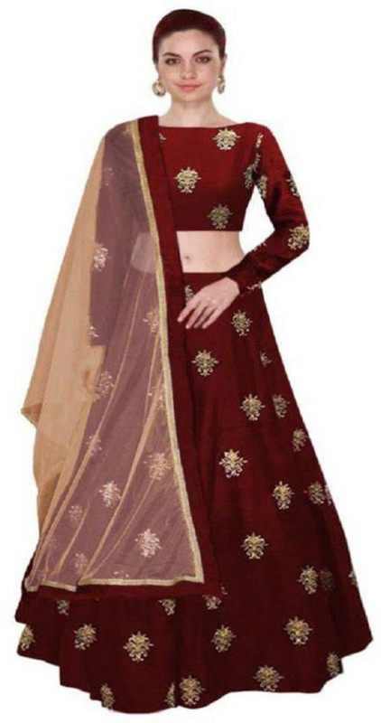 ross and rack Embroidered Semi Stitched Lehenga, Choli and Dupatta Set(Gold, Maroon)