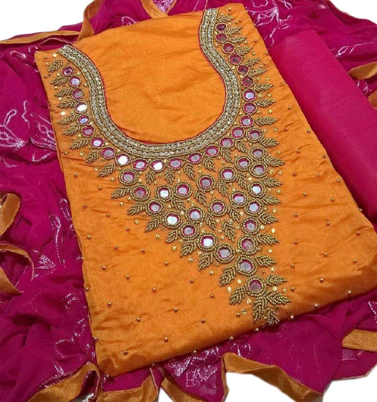 k shopping Poly Chanderi Embroidered Salwar Suit Material(Semi Stitched)