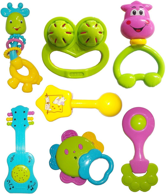 Kotak Sales New Born Baby Infant Toddler Babies Toys Rattle Plush Rings Sets with Teether Cartoon Shape Sweet Cuddle Colorful Set Pleasant to Baby Eyes Non Toxic Durable Quality Baby’s First Gift (6+ Months) Rattle(Multicolor)