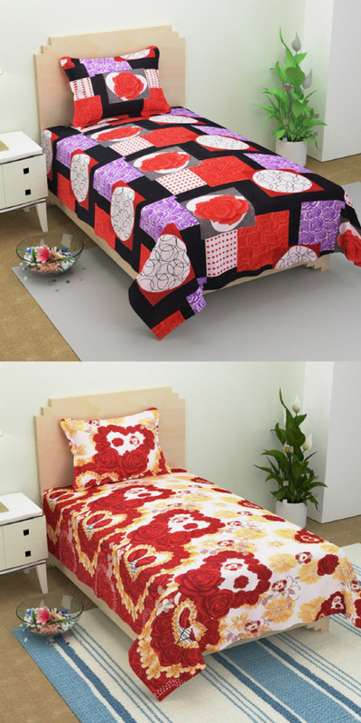 kihome 144 TC Microfiber Single Printed Bedsheet(Pack of 4, Purple, Red)