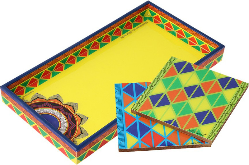 toshakhana Small MDF Tray & 2 Pc Coaster Set Madhubani Art Bihar India Tray, Coasters Serving Set(Pack of 2)
