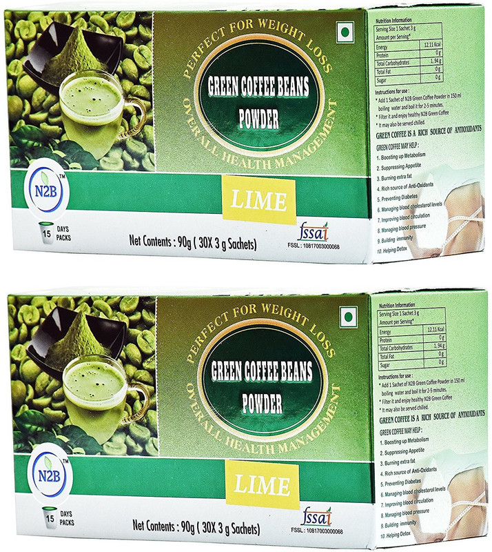 N2B Combo Pack of 2 Natural & Unroasted Green Coffee Beans Powder Sachets Box Lime Flavour Roast & Ground Coffee(2 x 45 g, Green Coffee Flavoured)