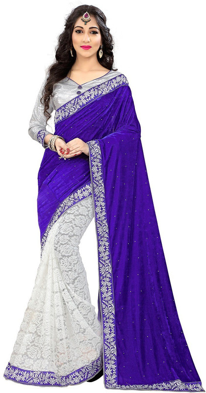 diwali special Self Design Bollywood Cotton Blend, Velvet Saree(Silver, Blue)