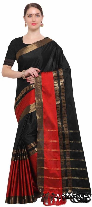 Saara Striped Kanjivaram Cotton Blend, Poly Silk Saree(Red, Black)