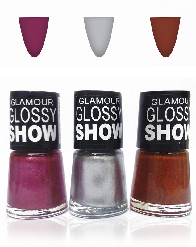 glamour glossy show cosmetics makeup touch n try glossy nail polish extra shine Fashion color silver dpink brown and Beautiful Combo set of 3 silver,brown,d pink